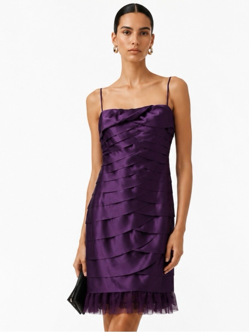 JS COLLECTION Purple Satin Tiered Ruffle Spaghetti-Strap Mini Dress Size 4